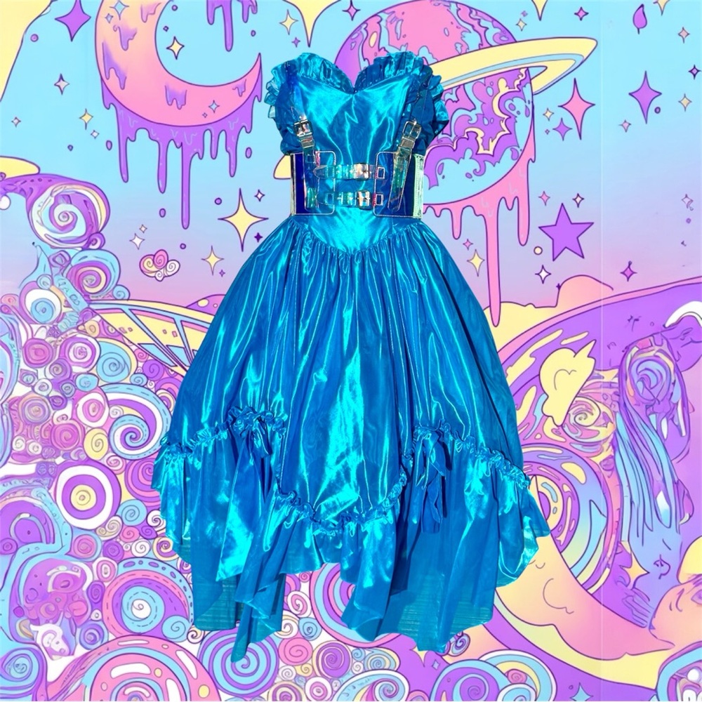 Gunne Sax metallic Teal Blue Strapless Party princess fairycore pixie hem Dress